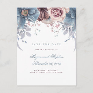 Dusty Blue and Mauve Floral Save the Date Announcement Postcard