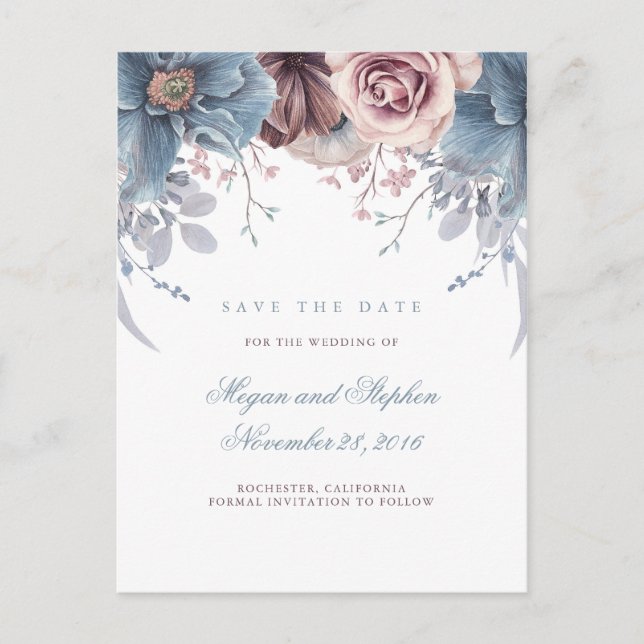 Dusty Blue and Mauve Floral Save the Date Announcement Postcard (Front)