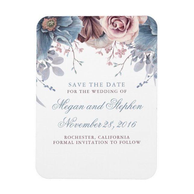 Dusty Blue and Mauve Floral Save the Date Magnet (Vertical)
