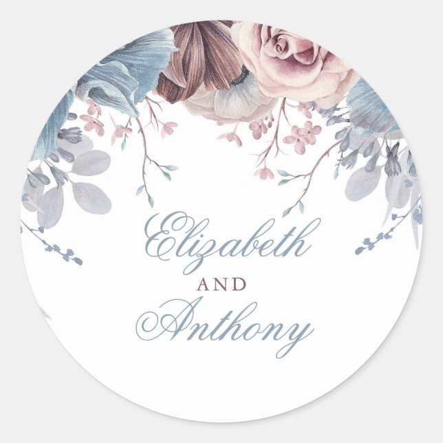 Dusty Blue and Mauve Floral Wedding Classic Round Sticker (Front)