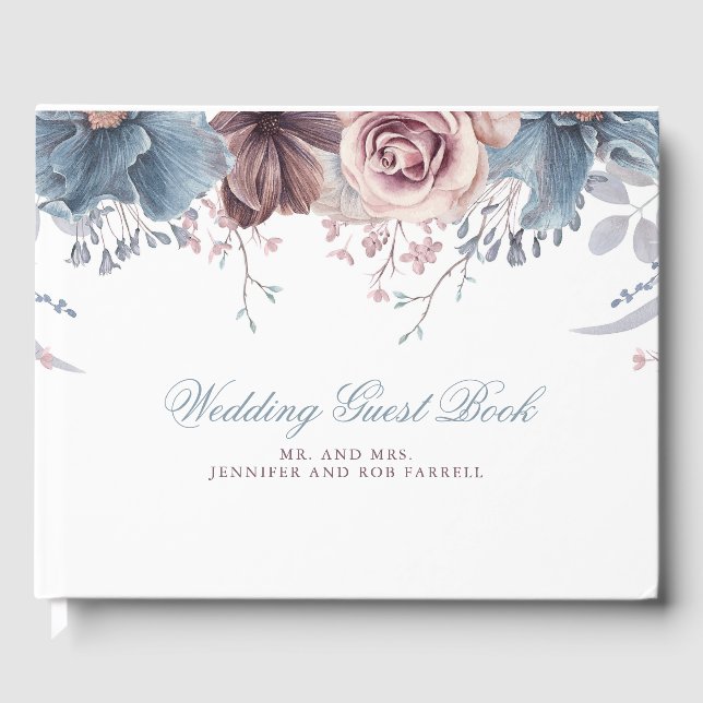 Dusty Blue and Mauve Floral Wedding Guest Book (Front)