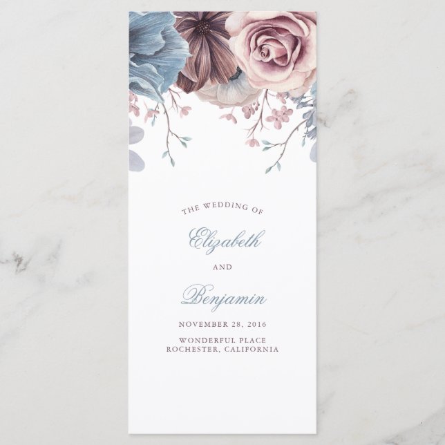 Dusty Blue and Mauve Floral Wedding Programs Programme (Front)