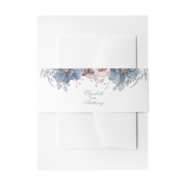 Dusty Blue and Mauve Florals Invitation Belly Band (Front Example)