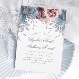 Dusty Blue and Mauve Watercolor Floral Wedding Invitation