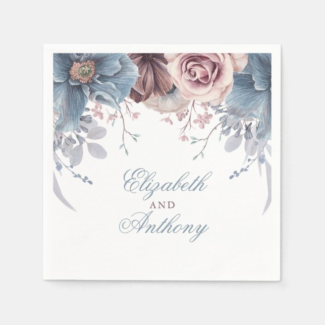 Dusty Blue and Mauve Watercolor Flowers Napkin (Front)