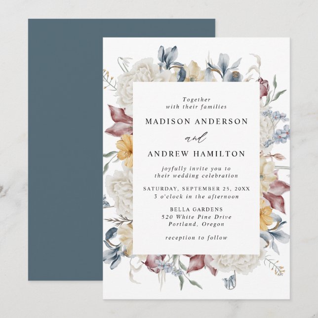 Dusty Blue and Mauve Wildflower Meadow Wedding Invitation (Front/Back)