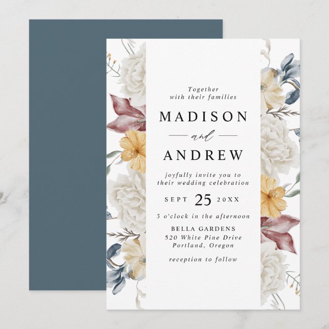 Dusty Blue and Mauve Wildflower Meadow Wedding Invitation (Front/Back)
