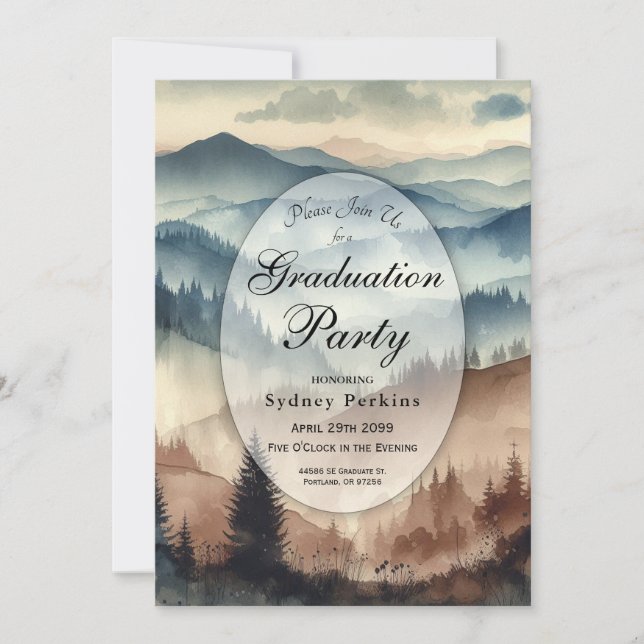 Dusty Blue and Mocha Brown Mountains Graduation  Invitation (Front)
