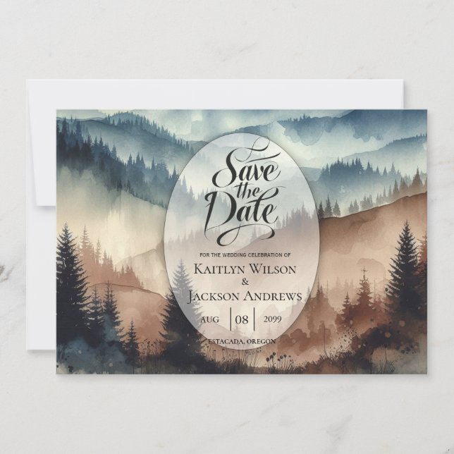 Dusty Blue and Mocha Brown Mountains Save The Date (Front)
