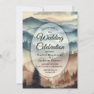Dusty Blue and Mocha Brown Mountains Wedding Invitation