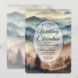 Dusty Blue and Mocha Brown Mountains Wedding Invitation