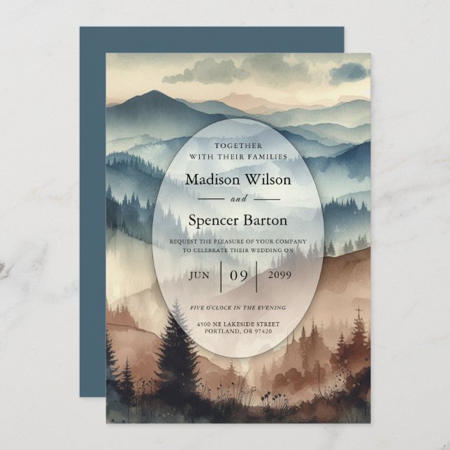 Dusty Blue and Mocha Brown Mountains Wedding Invitation (Front/Back)