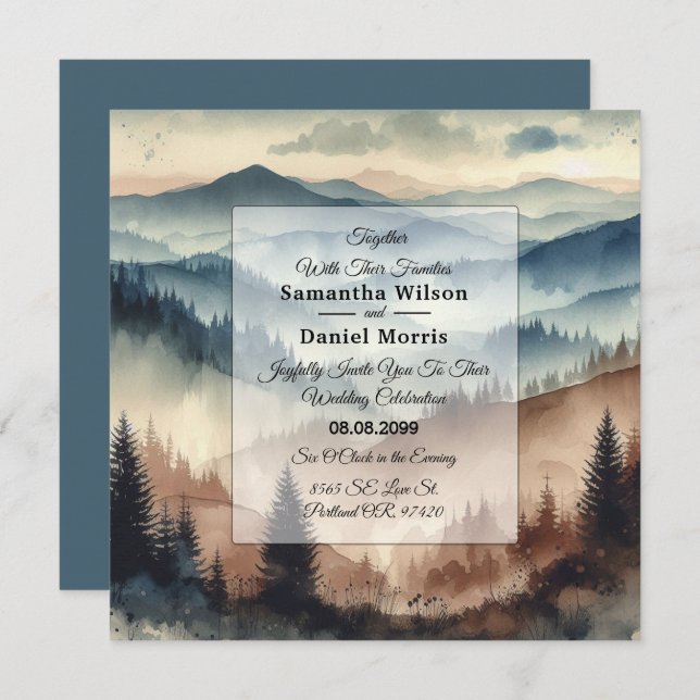 Dusty Blue and Mocha Brown Mountains Wedding Invitation (Front/Back)