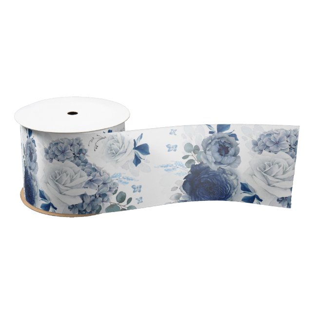 Dusty Blue and Navy Blue Floral Elegant Romantic Satin Ribbon (Spool)