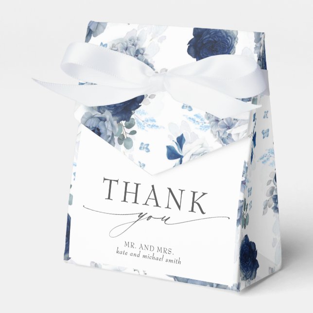 Dusty Blue and Navy Blue Floral Wedding Favour Box (Front Side)