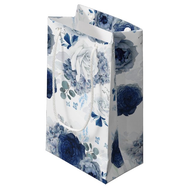 Dusty Blue and Navy Blue Flowers Elegant Botanical Small Gift Bag (Front Angled)