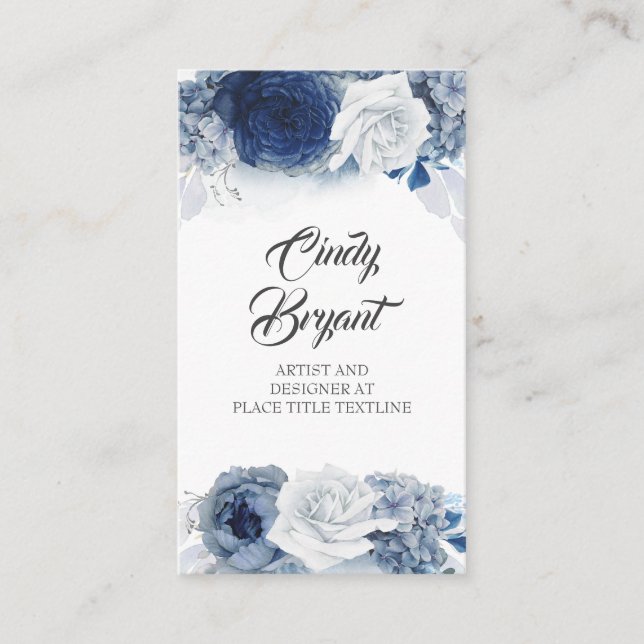 Dusty Blue and Navy Blue Flowers Elegant Stylish Business Card (Front)