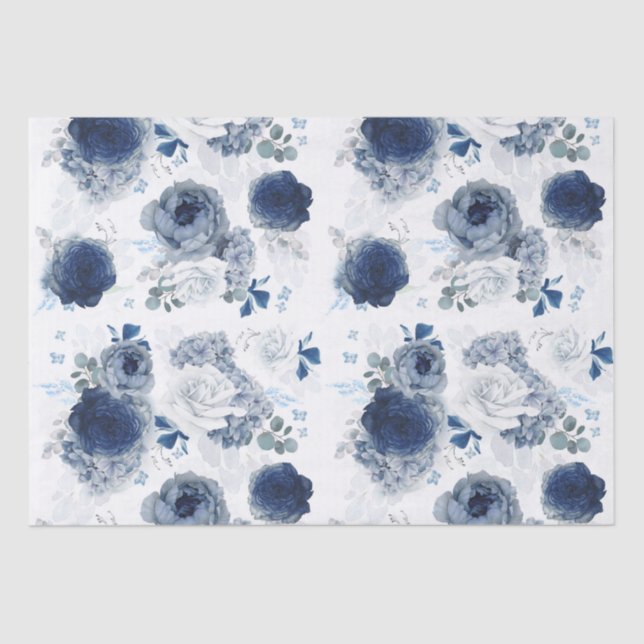 Dusty Blue and Navy Blue Flowers Elegant Tissue Paper (Front)