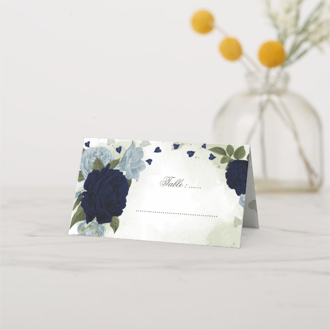 dusty blue and navy blue flowers greenery place ca place card (Front)