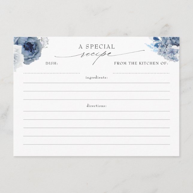Dusty Blue and Navy Elegant Floral Recipe Cards (Front)