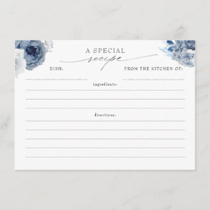 Dusty Blue and Navy Elegant Floral Recipe Cards