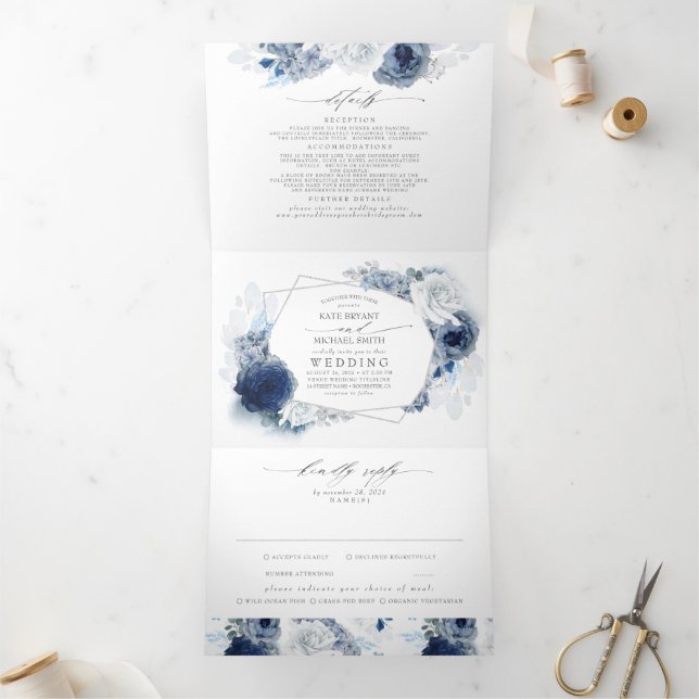 Dusty Blue and Navy Floral Botanical Wedding Tri-F Tri-Fold Invitation (Inside)