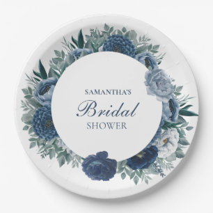 Dusty Blue and navy Floral Bridal Shower Paper Plate