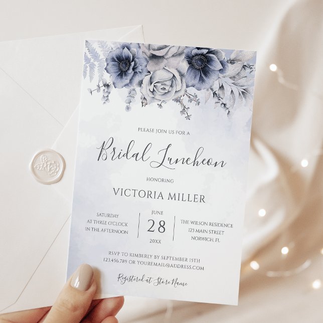 Dusty Blue And Navy Floral Elegant Bridal Luncheon Invitation (Creator Uploaded)
