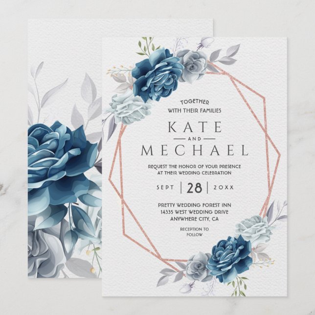 Dusty Blue and Navy Floral Elegant Invitation (Front/Back)