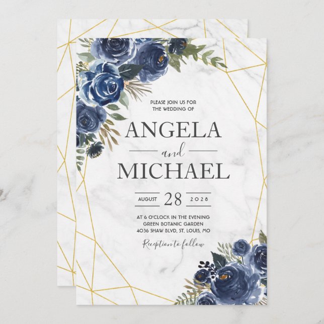 Dusty Blue and Navy Floral Elegant Invitation (Front/Back)