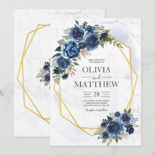 Dusty Blue and Navy Floral Elegant Invitation