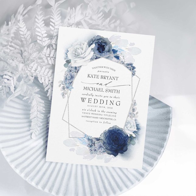 Dusty Blue and Navy Floral Elegant Silver Wedding Invitation (Elegant Soft Blue and Navy Blue Floral Wedding Invitation)