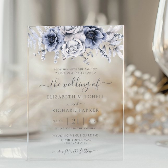 Dusty Blue And Navy Floral Elegant Wedding Acrylic Invitations (Creator Uploaded)
