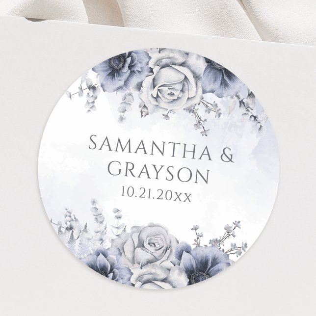 Dusty Blue And Navy Floral Elegant Wedding Classic Round Sticker (Creator Uploaded)