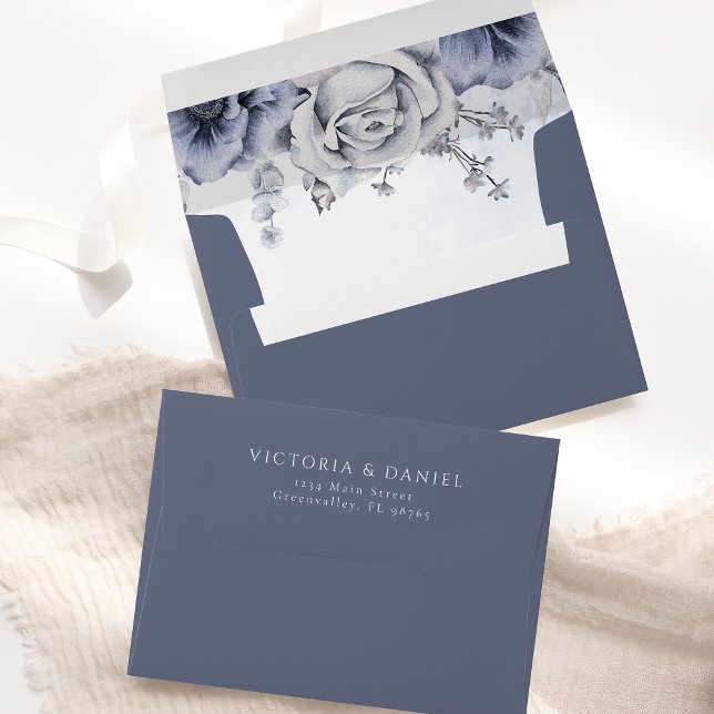 Dusty Blue And Navy Floral Elegant Wedding Envelope (Creator Uploaded)