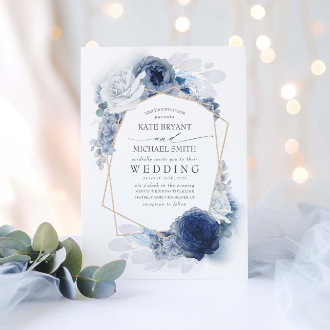 Dusty Blue and Navy Floral Elegant Wedding Invitation (Elegant Floral Dusty Blue Wedding Invitation)