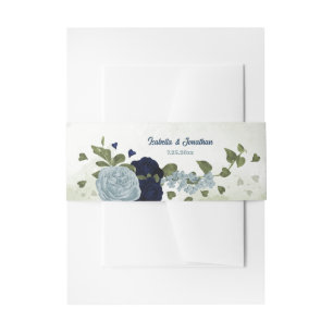 dusty blue and navy floral greenery wedding invitation belly band