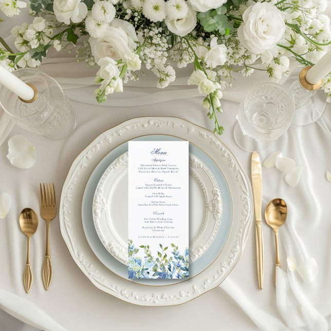 Dusty Blue and Navy Floral Wedding Reception Menu (This floral weddning menu features dusty blue and navy blue flowers and a calligraphy script)