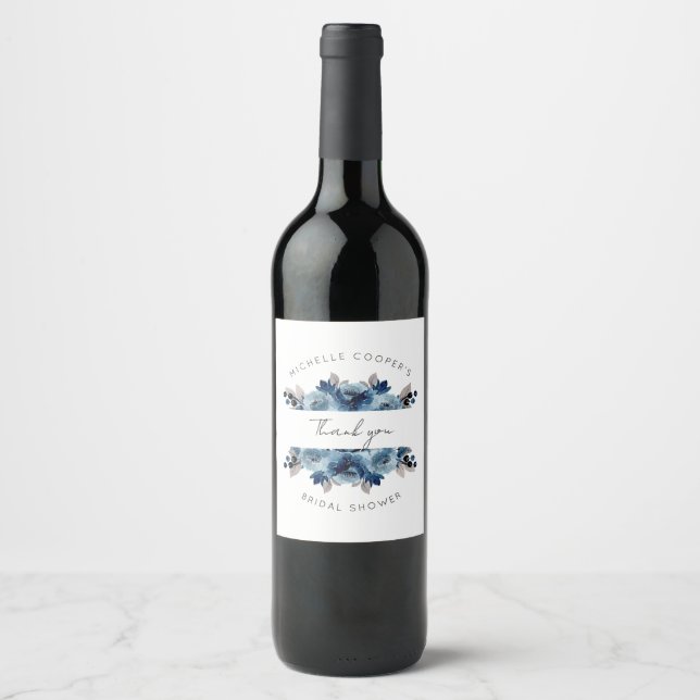 Dusty Blue and Navy Floral Wine Label (Front)