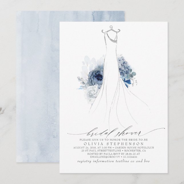 Dusty Blue and Navy Flowers Dress Bridal Shower In Invitation (Front/Back)