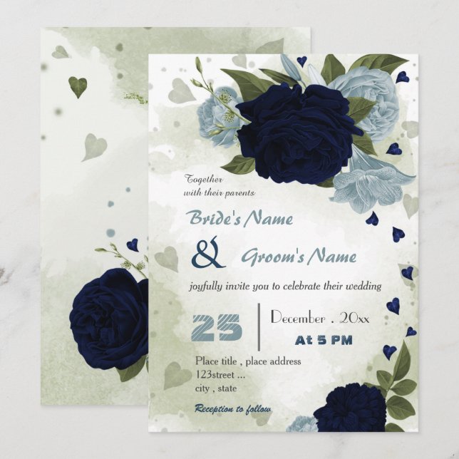 dusty blue and navy flowers greenery wedding invitation (Front/Back)