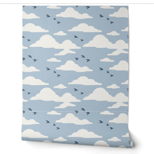Dusty Blue and Navy Minimalist Birds and Clouds Wallpaper