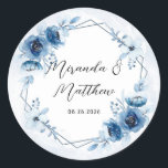 Dusty Blue and Navy Watercolor Floral Wedding Classic Round Sticker<br><div class="desc">I hope you'll enjoy these dusty blue and navy blue watercolor botanical florals in a geometric frame. Matching products and invitations to match.</div>