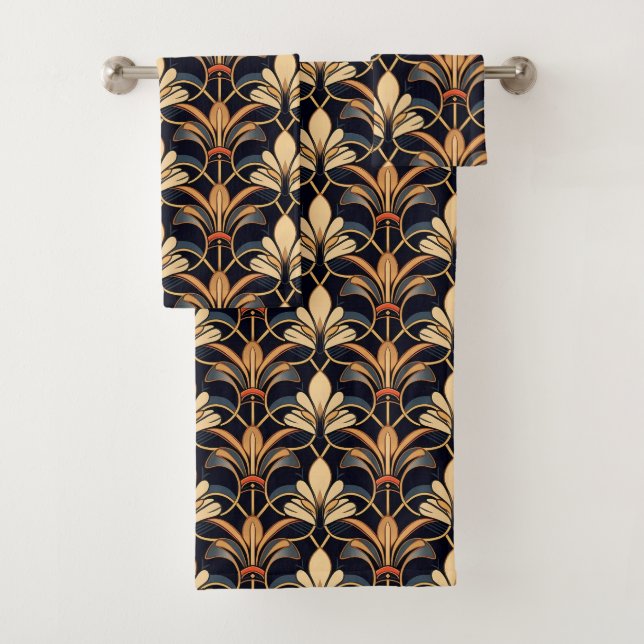 Dusty Blue and Orange Art Deco Bath Towel Set (Insitu)