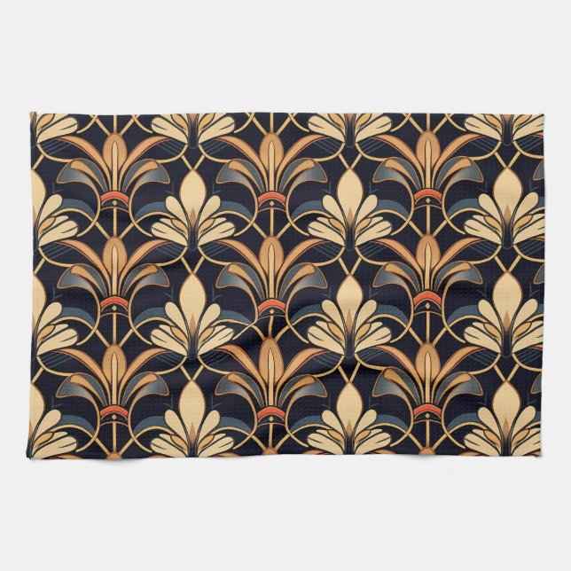 Dusty Blue and Orange Art Deco Tea Towel (Horizontal)