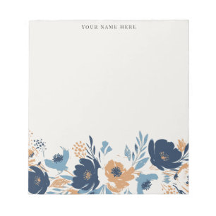 Dusty Blue and Orange Floral Watercolor with Name Notepad