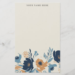 Dusty Blue and Orange Floral Watercolor with Name Stationery