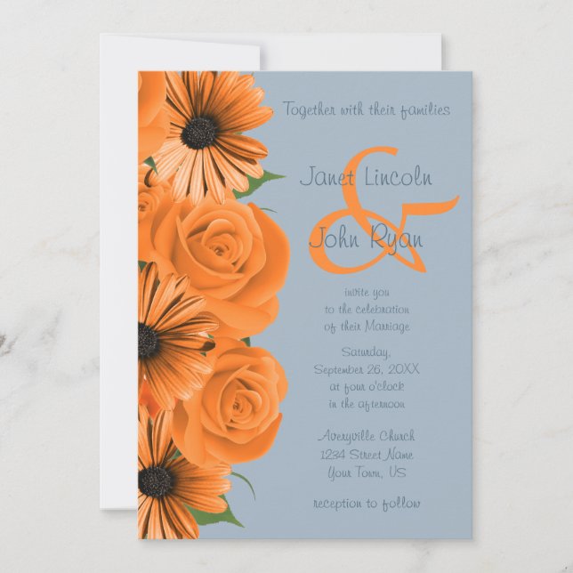 Dusty Blue and Orange Roses & Daisies2 Invitation (Front)