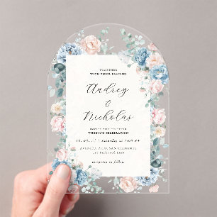 Dusty Blue and Peach Elegant Floral Wedding Acrylic Invitations