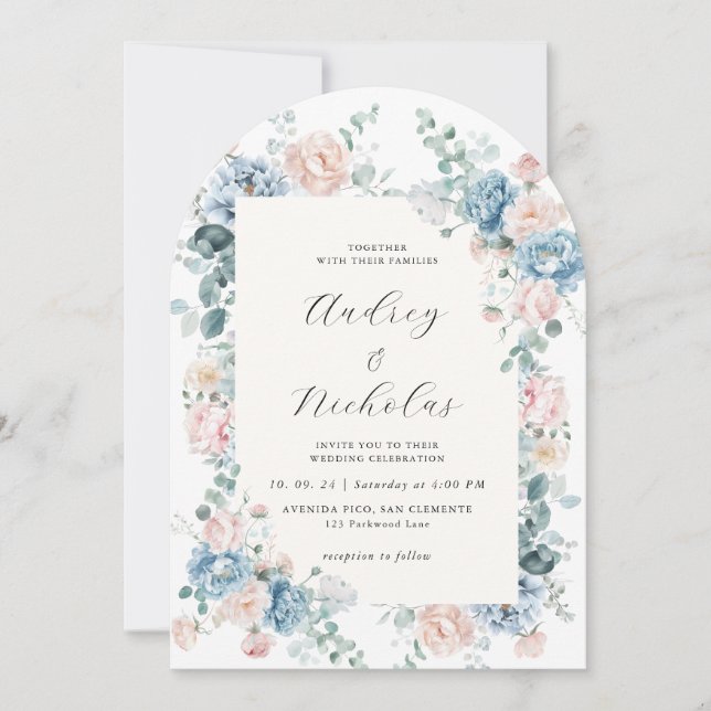 Dusty Blue and Peach Elegant Floral Wedding Arch Invitation (Front)